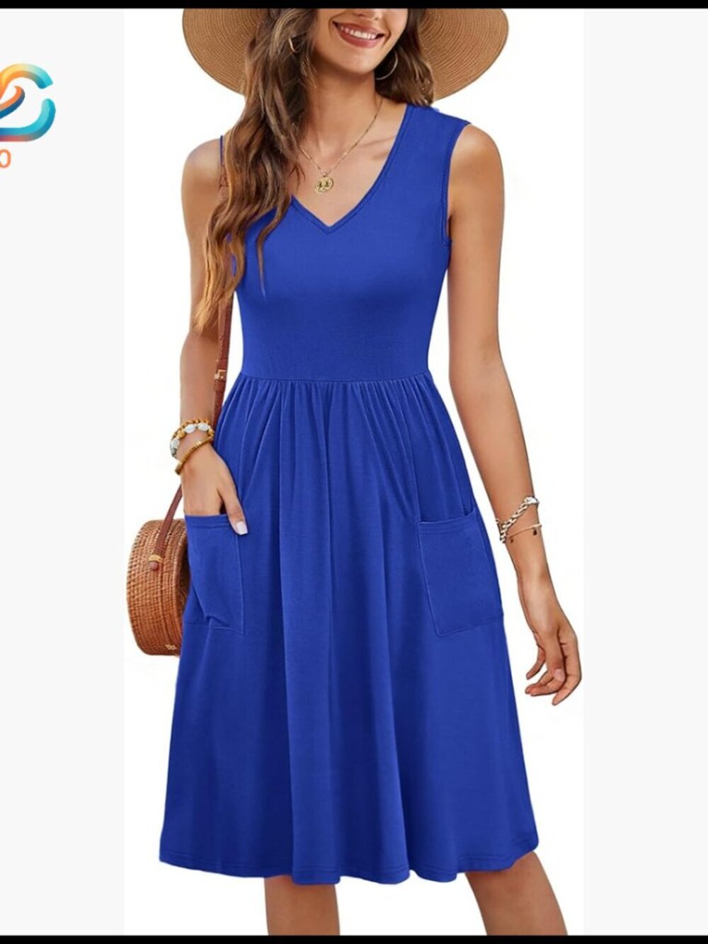 Sleeveless Casual Dress with Pockets, V-Neck, A-Line, Knee Length